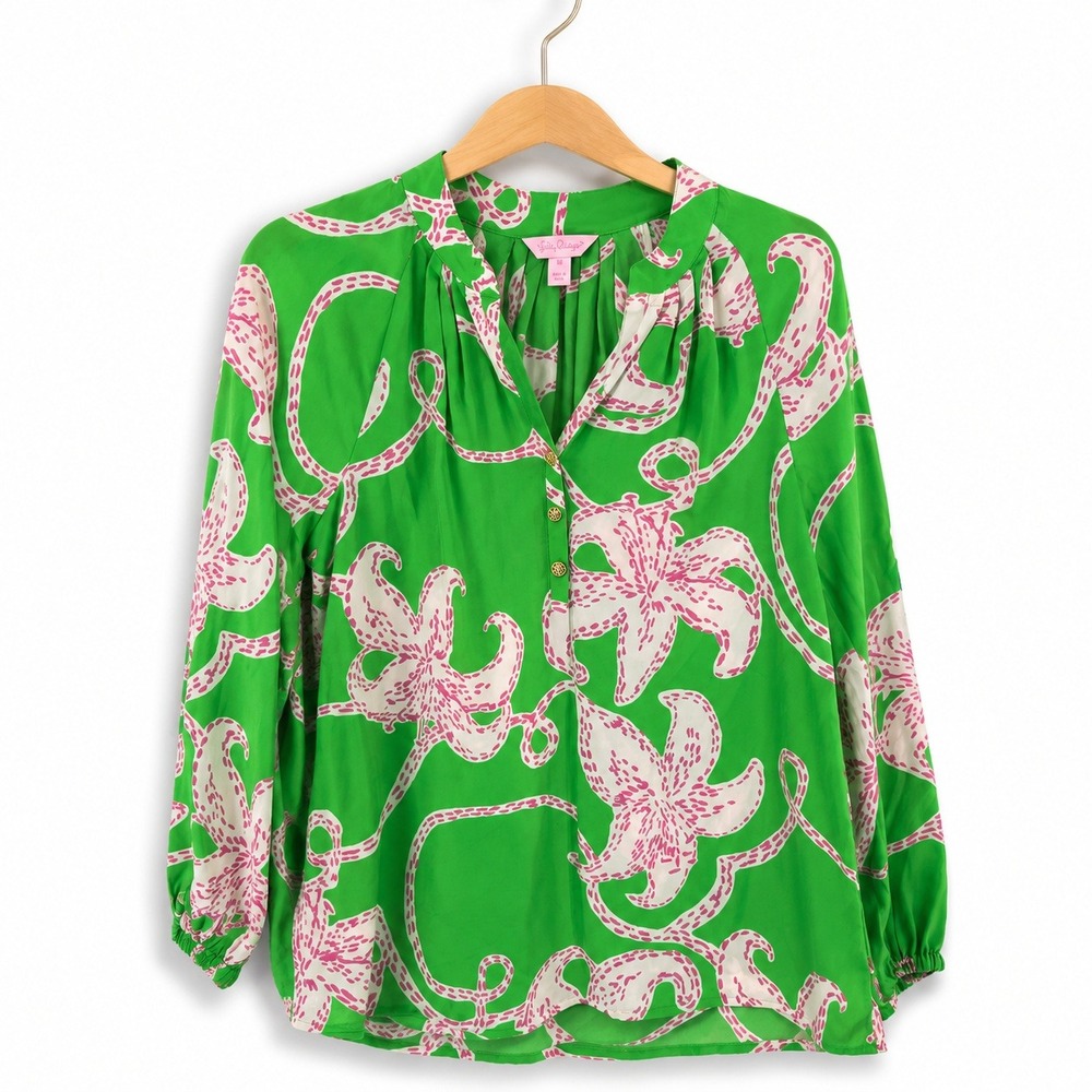 Lilly Pulitzer Elsa Silk Blouse Green Pink Floral Gold Button Top Womens XS